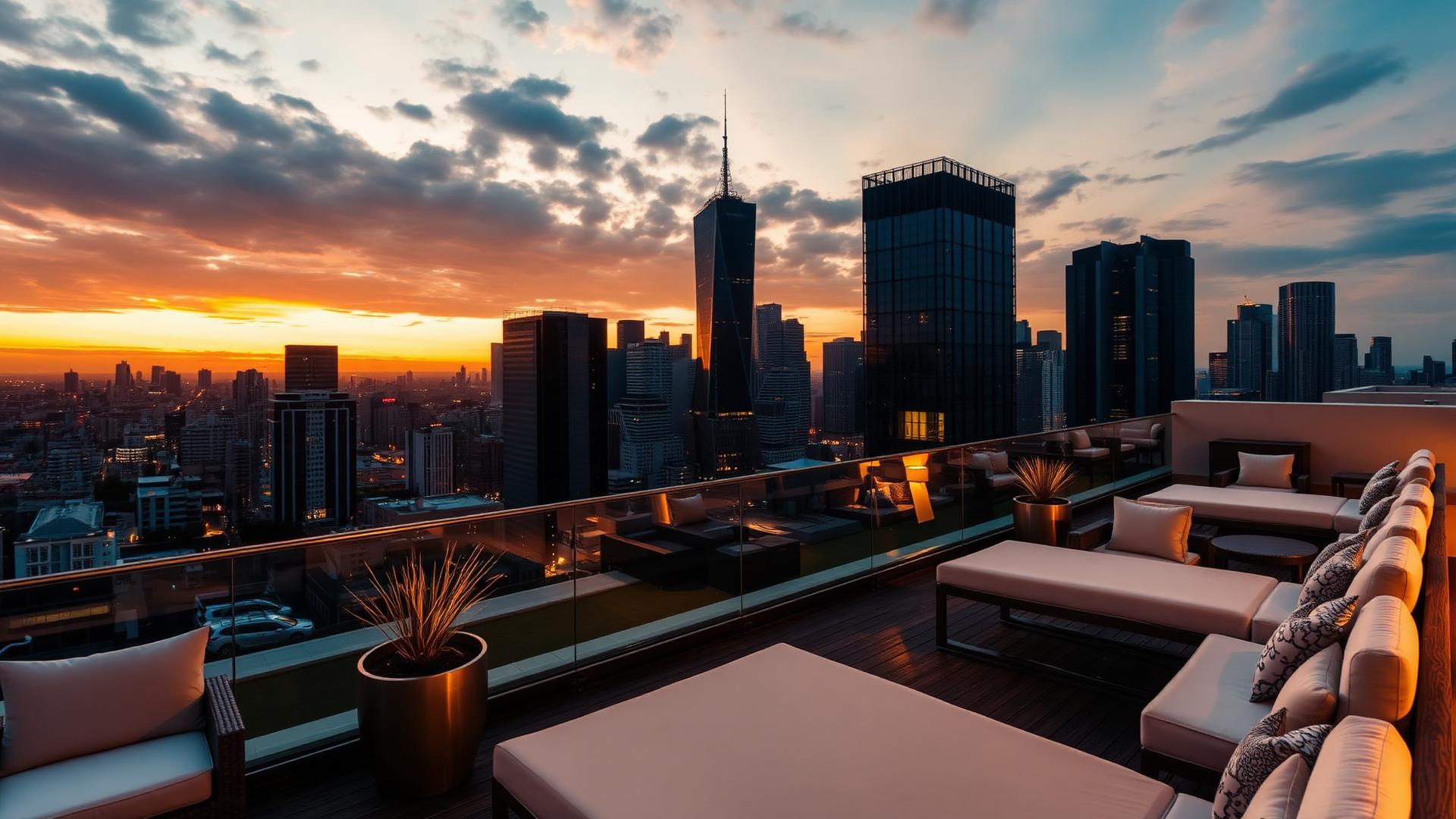 Luxury hotel rooftop at sunset