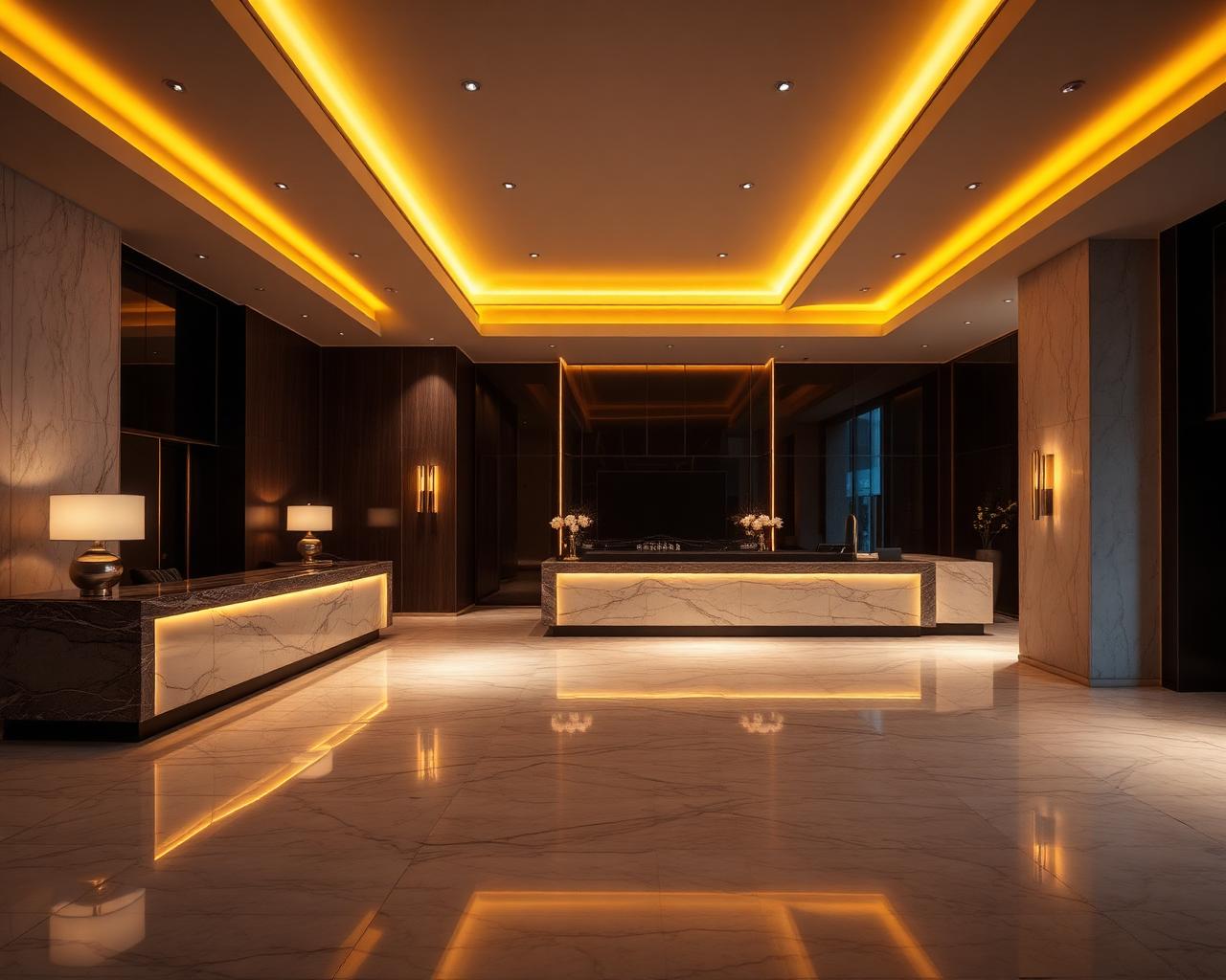 Empty hotel reception desk at night
