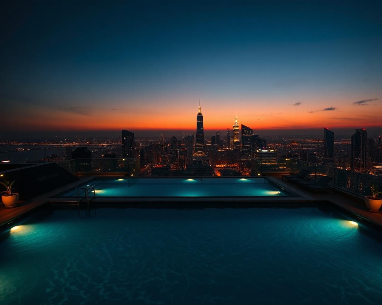 Luxury hotel rooftop at twilight